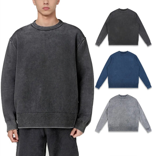 Huili Oem Wholesale Men's Oversized Crew Neck Sweater Low MOQ Solid Color Blank 285Gsm Vintage Wash Snowflake Pullover Knitwear