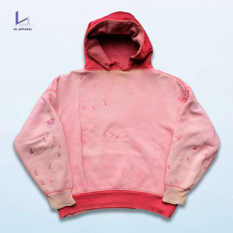 HUILI FACTORY oem 100% cotton heavyweight hoodie oversized distress wash two tone sun faded hoodie