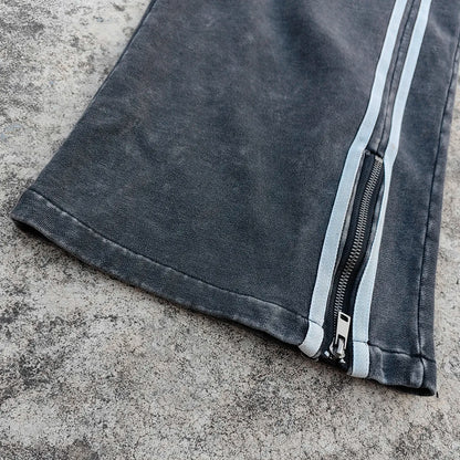 Acid Wash Streetwear Thick Cotton Sweatpants Custom Striped Design Men Zip up Wide Leg Heavyweight Vintage Sweatpants