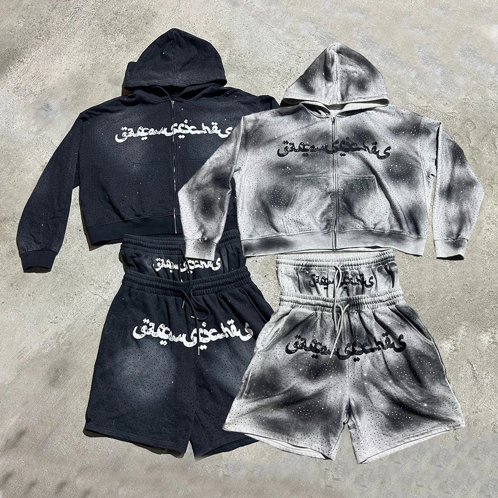 Huilin Sun Faded Washed Two Piece Zip Up Hoodie Double Waist Shorts Sets Men Custom Rhinestone Street Short Tracksuit Set