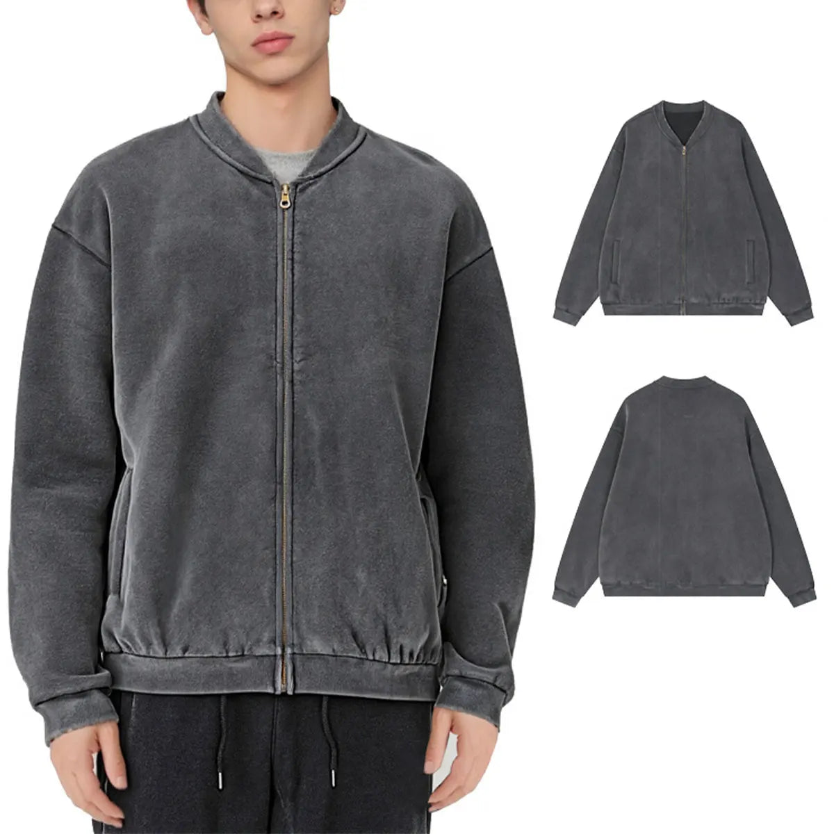 Trending Streetwear Supplier Low MOQ Acid Wash Oversized Blank Custom Print Mens Zip up Bomber Jacket
