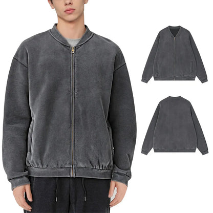 Trending Streetwear Supplier Low MOQ Acid Wash Oversized Blank Custom Print Mens Zip up Bomber Jacket