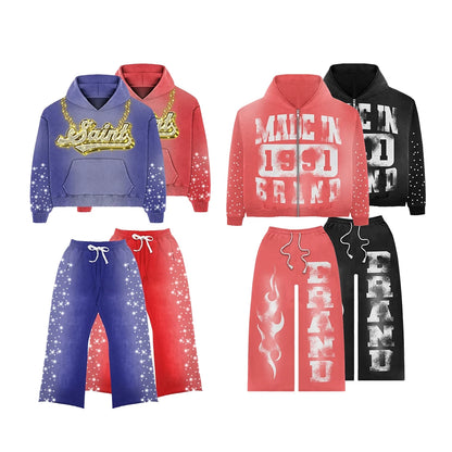 Factory Customized Vintage Washed Sunfaded Mens Tracksuit Sweatsuits Oem Rhinestone Two Piece Sweatpants Hoodie Sets