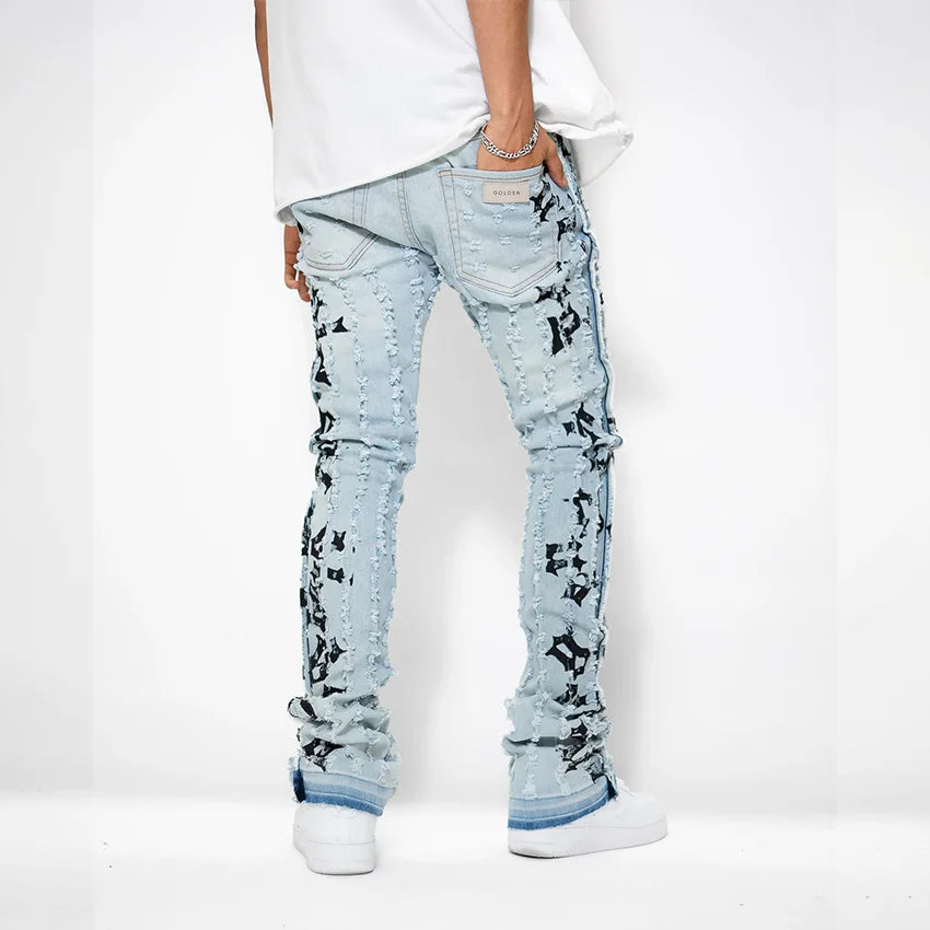 High Quality Customized Skinny Jeans Frayed Raw Edges Alphabet Embroidery Stacked Jeans Men