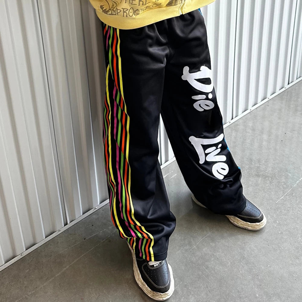 Huilin Factory Oem Odm Striped Trimmed Straight Leg Sweatpants Custom Logo Printing Men Wide Leg Track Pants