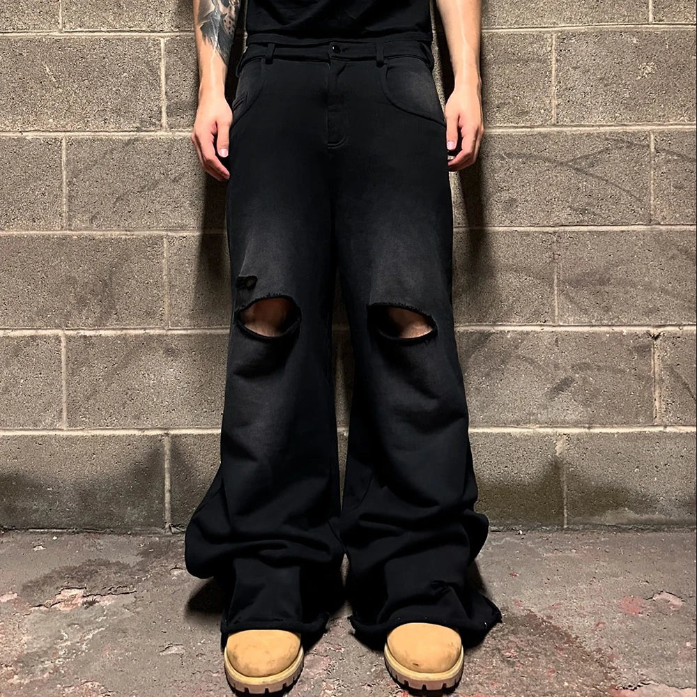 Huilin Oem Wholesale Distressed Washed Thick Cotton Track Pants Trousers Custom Baggy Wide Leg Men Vintage Sweatpants