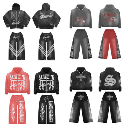 Huilin Custom Herren Streetwear Zweiteilige Sets Kapuzenpullover Jogginghose Dicke Baumwolle Vintage Washed Herren Strass Trainingsanzüge Sweatsuits 