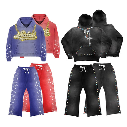 Oem Streetwear Mens Blank Tracksuit Set Custom Logo Printing Men Vintage Sunfaded Washed Rhinestone Sweatpants Hoodie Sets