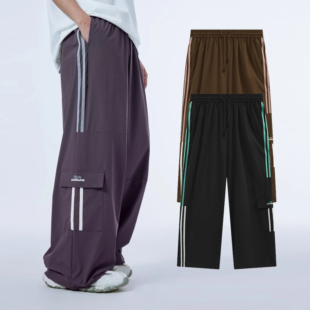 Huilin Low Moq Selling Striped Side Pockets Nylon Track Pants Men Custom Straight Wide Leg Oversized Baggy Parachute Pants