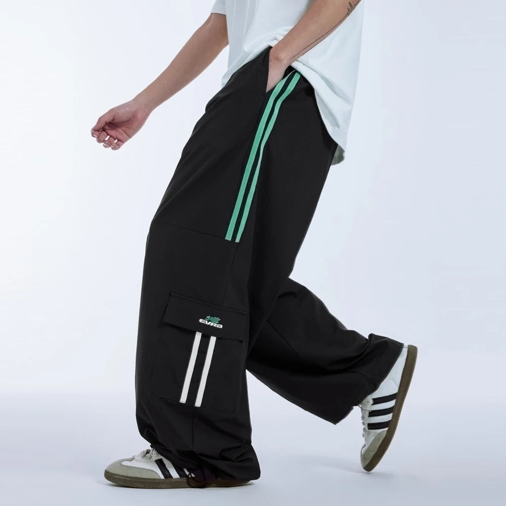 Huilin Low Moq Selling Striped Side Pockets Nylon Track Pants Men Custom Straight Wide Leg Oversized Baggy Parachute Pants