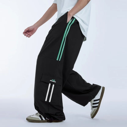 Striped Side Pockets Nylon Track Pants Men Custom Straight Wide Leg Oversized Baggy Parachute Pants