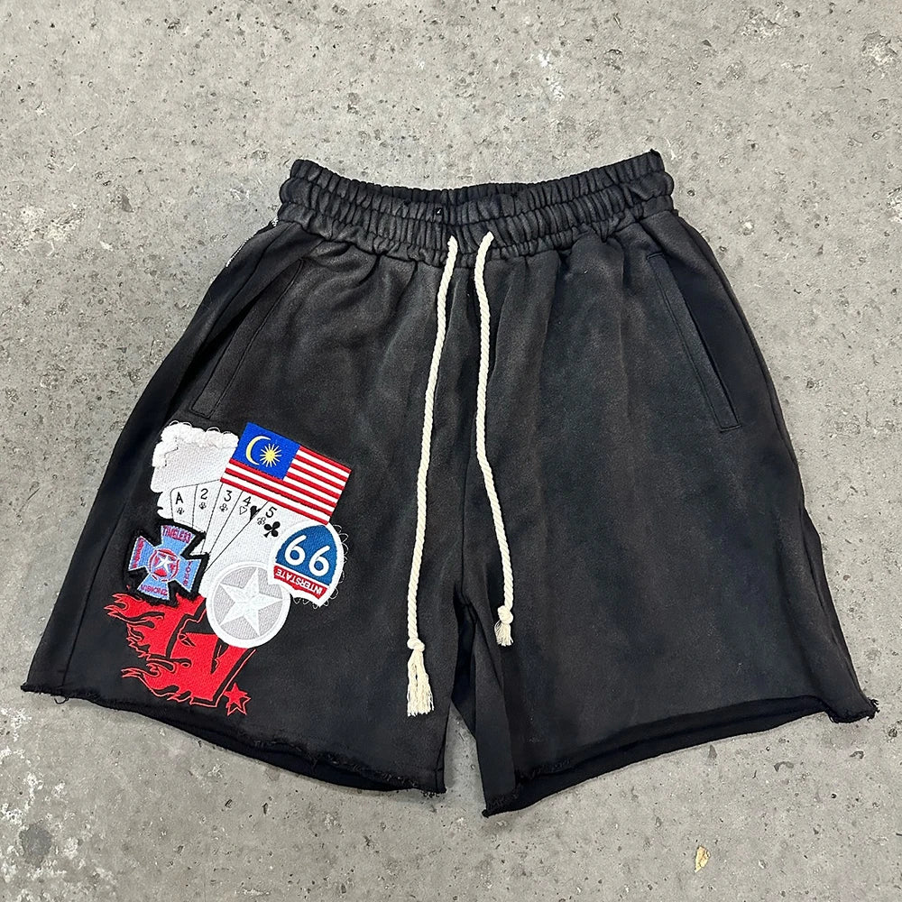 Huilin Manufacturer Sunfaded Acid Vintage Washed Thick Cotton Shorts Men Custom Logo Embroidery Patched Raw Hem Sweat Shorts