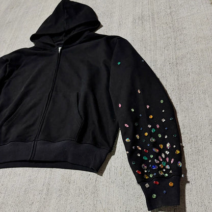 Manufacturer Oem Heavy Weight French Terry 100% Cotton Hoodies Custom Zip Up Men Gemstone Decorated Rhinestone Hoodie