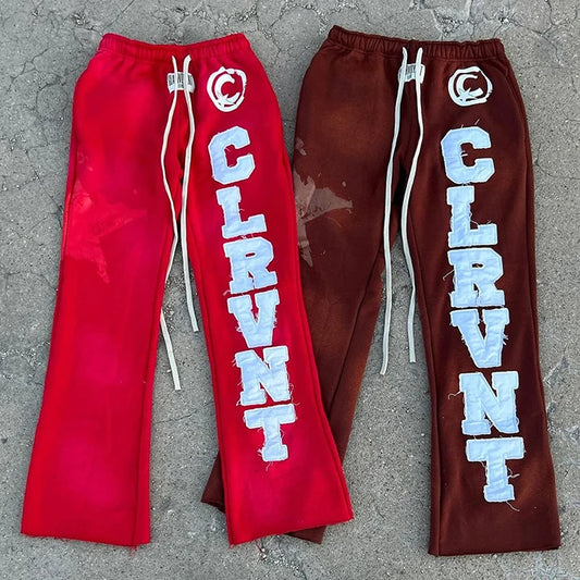 Huilin Oem Thick Cotton Vintage Washed Sweatpants Men Custom Distressed Embroidery Logo Patched Applique Flared Sweatpants