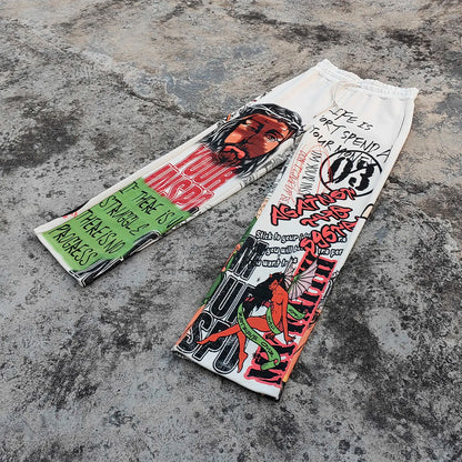 Heavy Cotton Vintage Sweatpants Loose Fit Wide Leg Men Allover Printed Baggy Graphic Sweatpants