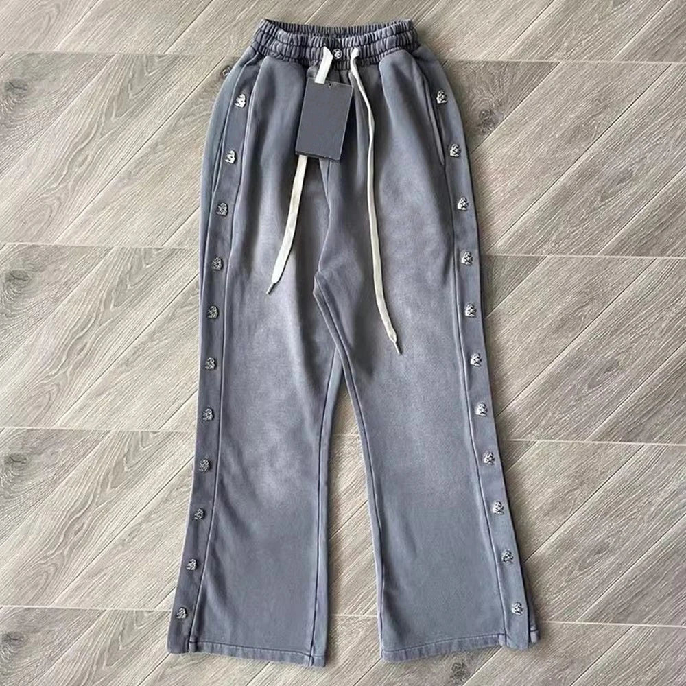 Huilin Oem Side Snap Button Design Thick Cotton Jogger Pants Men Custom Vintage Washed Wide Leg Flared Sunfaded Sweatpants