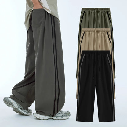 Low Moq Wholesale Drawstring Waist Straight Leg Unisex Sportswear Pants Men Custom Side Striped Wide Leg Track Pants