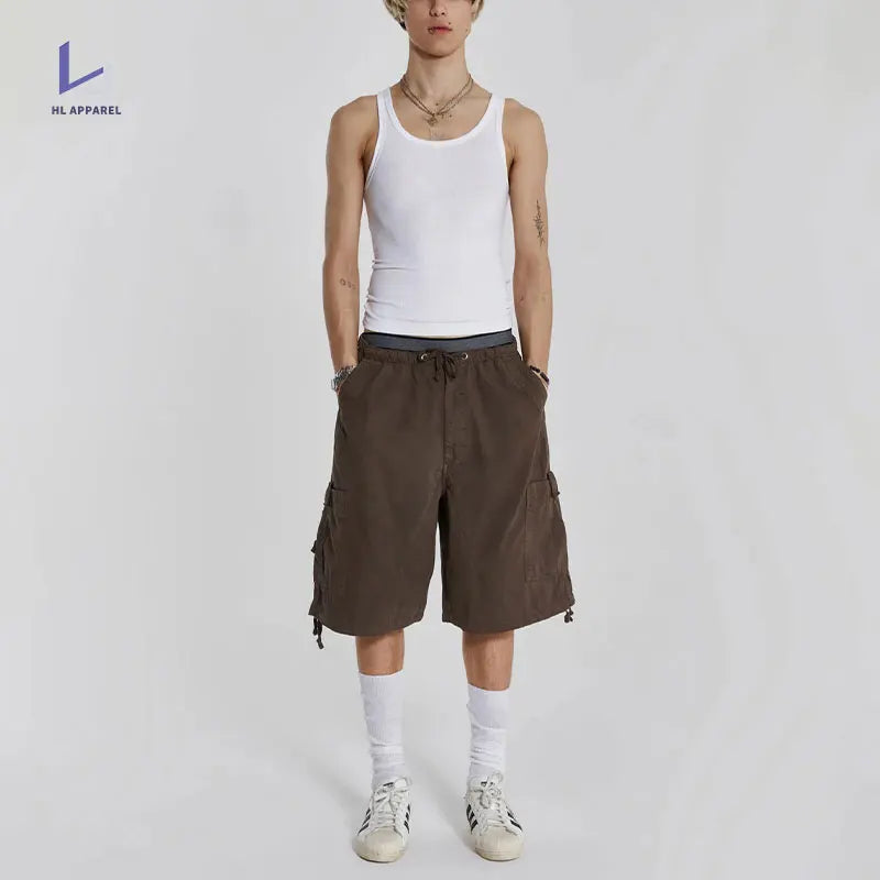 Huilin Clothing Factory 100% Cotton Shorts Pants Men Oversized Wide Leg Shorts Custom Big Pocket Streetwear Baggy Cargo Shorts