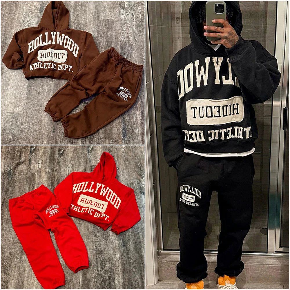 Huili Thick Cotton Two Piece Streetwear Tracksuit Custom Embroidery Logo Patched Sweatsuits Sets Men Sweatpants Hoodie Set