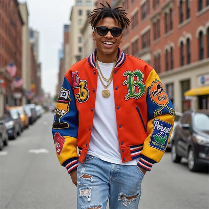 Appliques Patchwork Varsity Jacket Chenille Embroidery Badge Jacket High Quality Men Colorful Street Jacket Custom