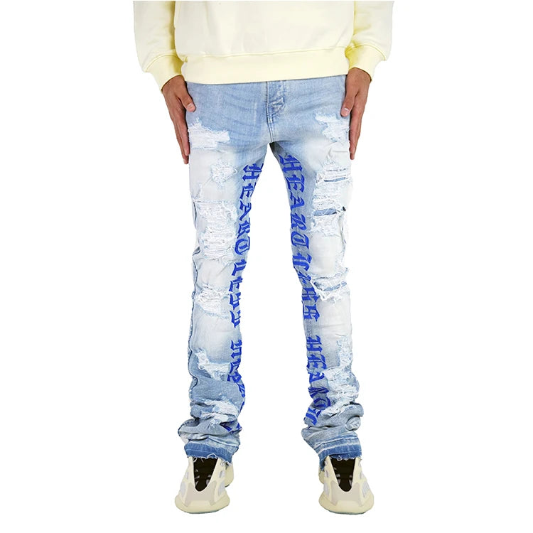 Manufacturer wholesale streetwear letter printed ripped denim jeans custom distressed jeans flare designer stacked jeans men