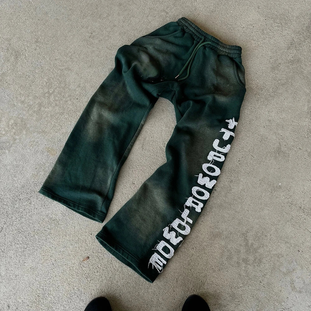 Huilin Oem Manufacturer Sunfaded Vintage Washed Thick Cotton Sweatpants Men Custom Embroidery Logo Patched Wide Leg Sweatpants