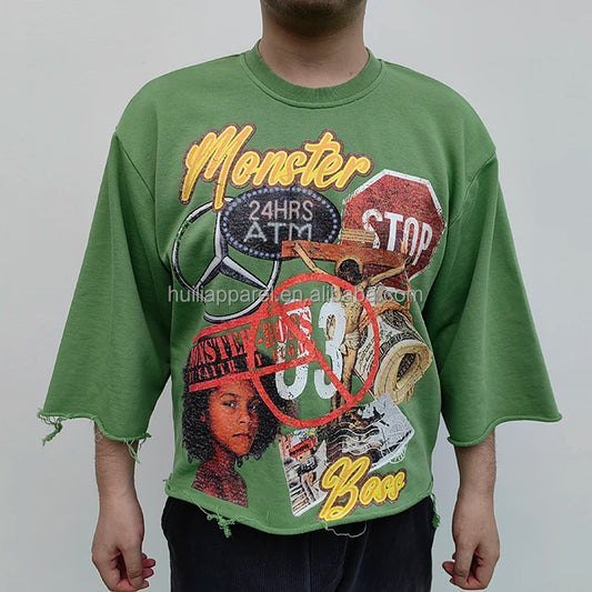 Unisex Oversized Fit Boxy Cropped T-Shirt Screen Printing Men Raw Hem 100% Cotton Hevayweight Box T Shirt