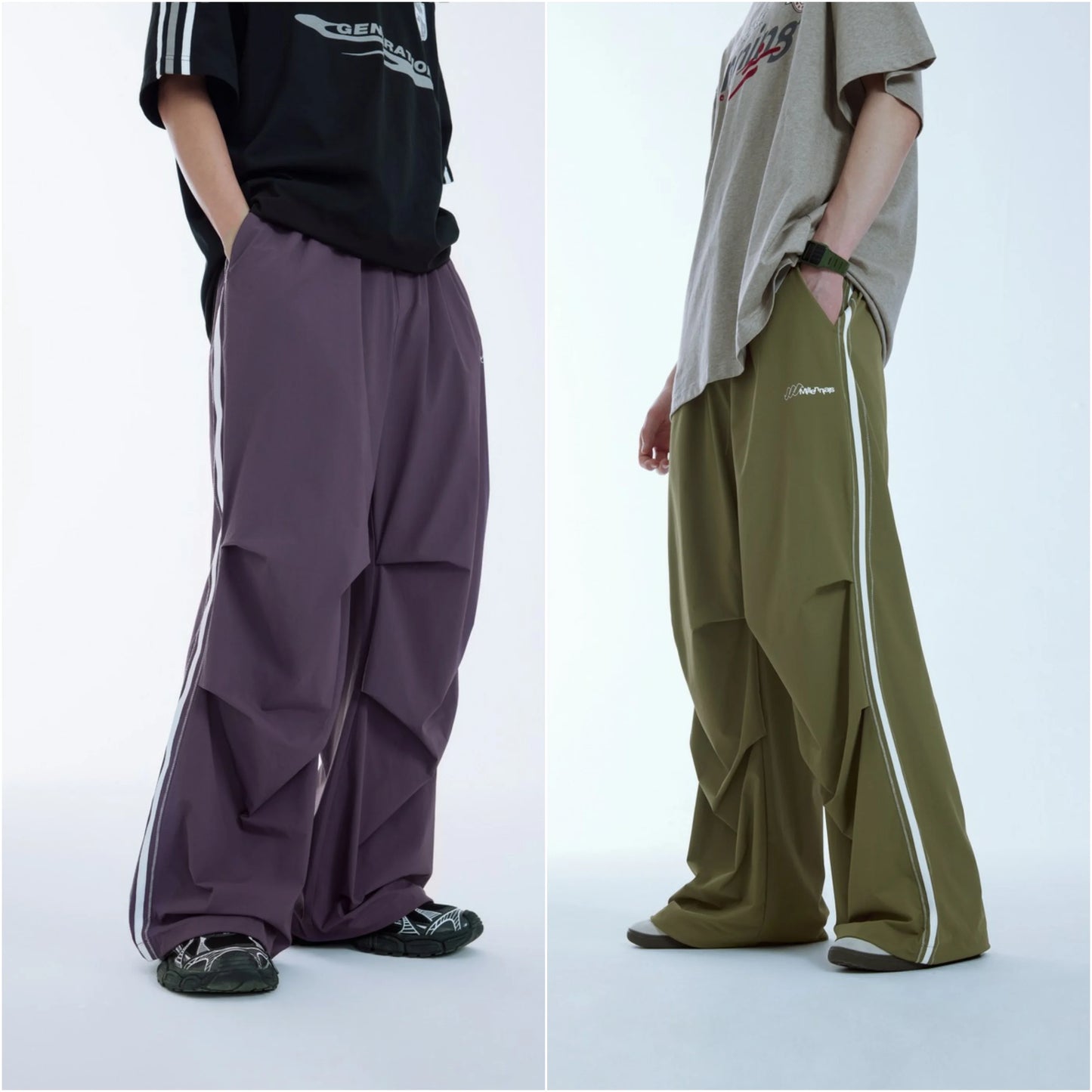 Huilin Custom Double Knee Wide Leg Cargo Track Pants Men Contrast Stitching Oversized Fit Baggy Parachute Pants