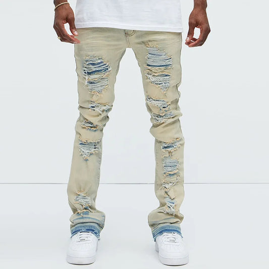 High Quality Distressed Slim Fit Jeans Light Wash Ripped Stacked Denim Jeans Men Skinny Flare Jeans Custom