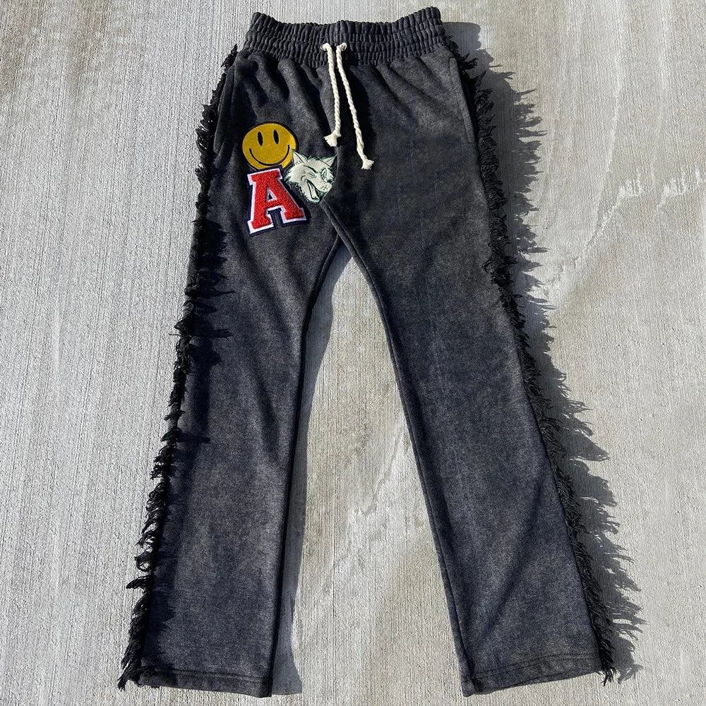 Huilin Wholesale Straight Wide Leg Thick Cotton Pants Men Custom Tassel Side Design Logo Patched Embroidery Raw Hem Sweatpants