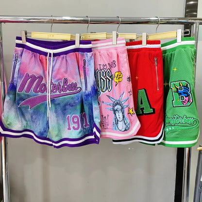 FACTORY chenille embroidery sportswear shorts drawstring waist polyester mesh baskelball shorts