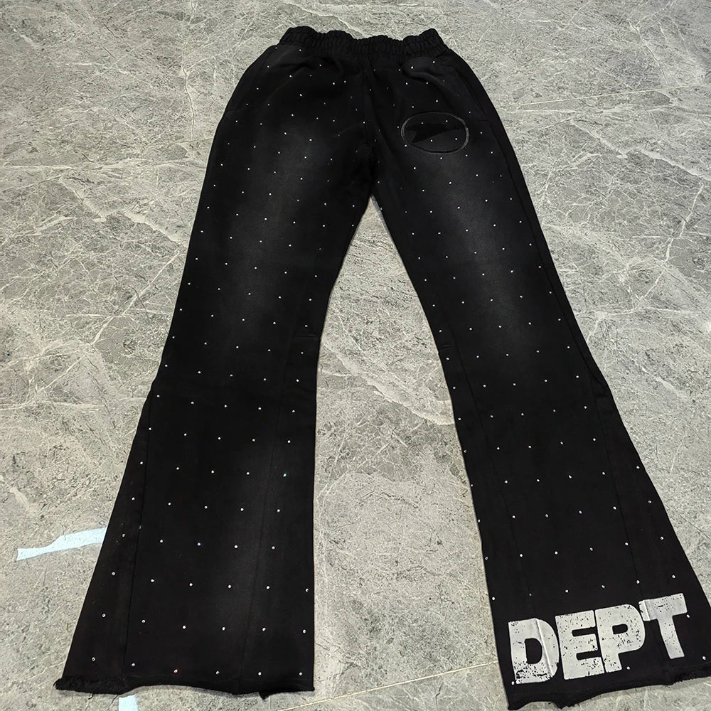 Huili Custom Logo Printing Heavyweight Cotton Streetwear Track Pants Men Oem Vintage Washed Rhinestone Wide Leg Baggy Sweatpants