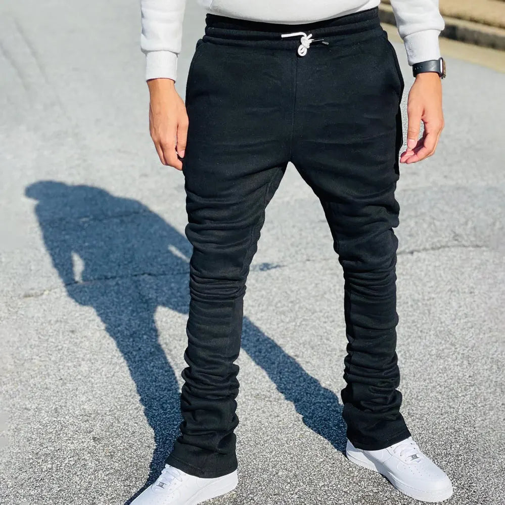 Huilin Hot Selling Solid Color Blank 100% Cotton Sweatpants Men Custom Slim Fit Drawstring Extended Jogger Stacked Sweatpants