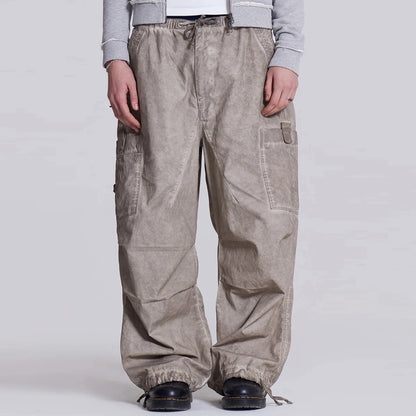 Baggy Wide Leg Cargo Track Pants Men Custom Oil Washed Vintage Grey Oversized Parachute Pants