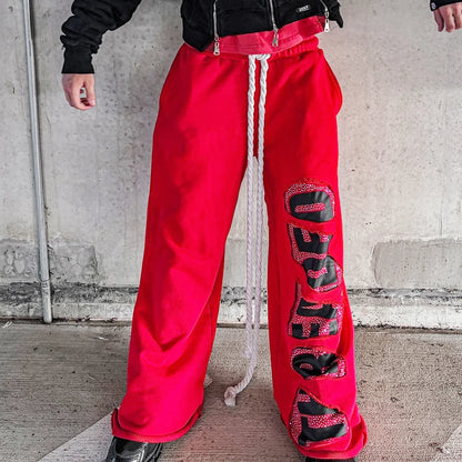 Winter Thick Cotton Distressed Washed Jogger Track Pants Custom Men Oversized Wide Leg Rhinestone Logo Printing Baggy Sweatpants