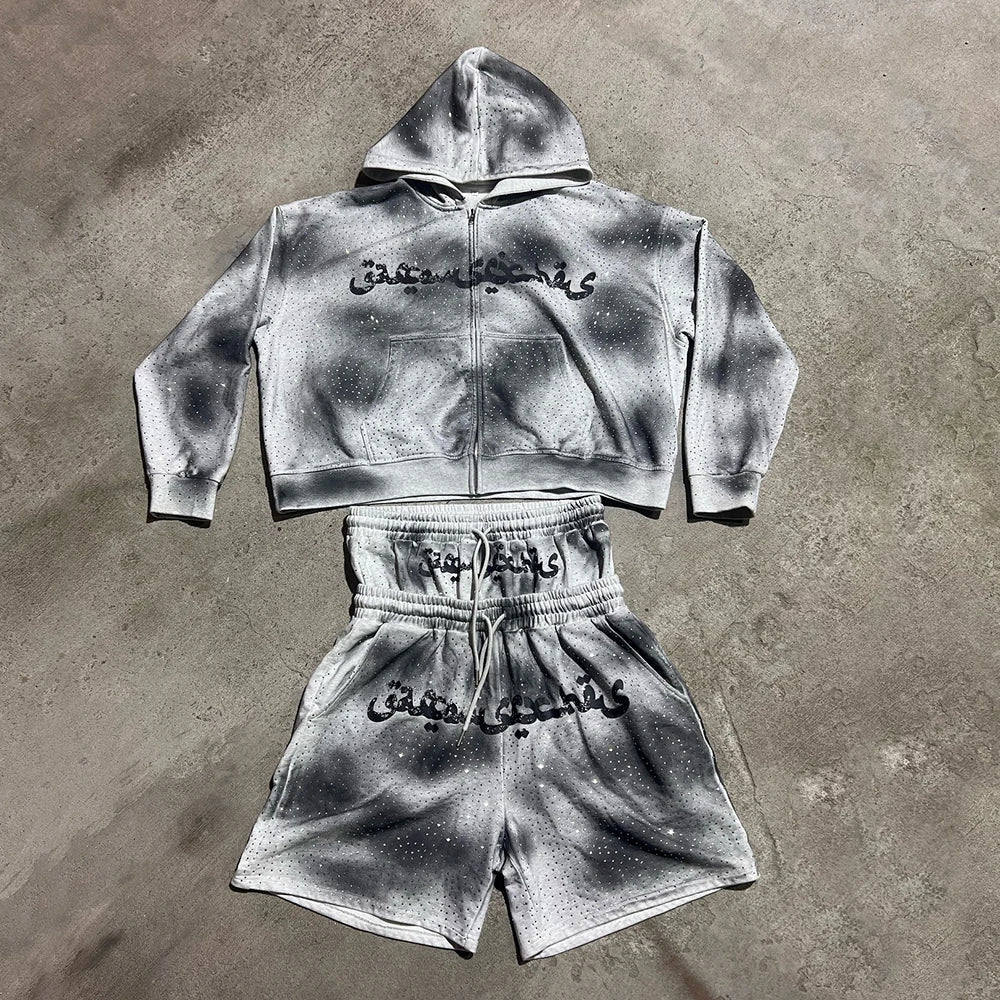 Huilin Sun Faded Washed Two Piece Zip Up Hoodie Double Waist Shorts Sets Men Custom Rhinestone Street Short Tracksuit Set