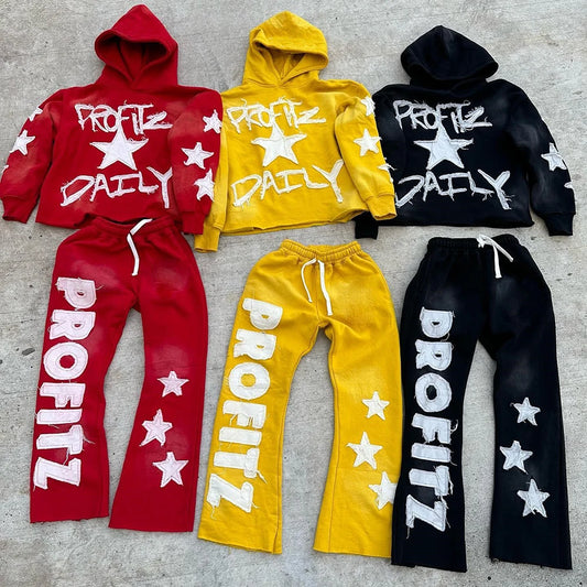 HL Oem Streetwear Two Piece Tracksuits Embroidery Logo Patched Sweatsuits Set Custom Vintage Washed Men Hoodies Sweatpants Sets