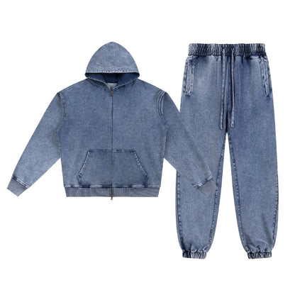 Vintage Fashion Supplier Low MOQ Acid Wash Washed Blank Custom Print Mens Loose Fit Sweatsuit Set