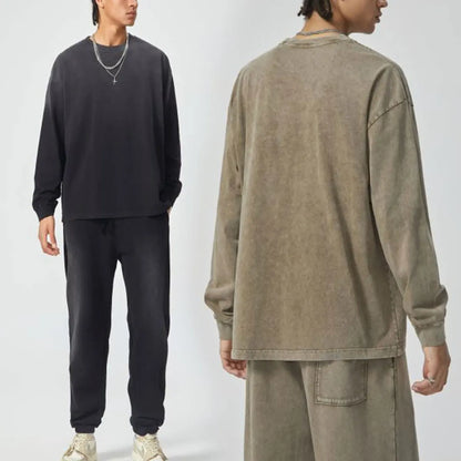 Trending Streetwear Supplier Low MOQ Acid Wash Oversized Blank Custom Print Unisex Long Sleeve T Shirt