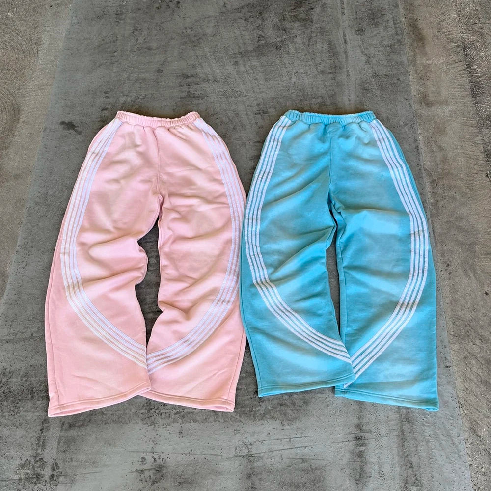 Huilin New Trend Heavyweight Cotton Oversized Track Pants Men Custom Vintage Sun Faded Washed Striped Wide Leg Sweatpants