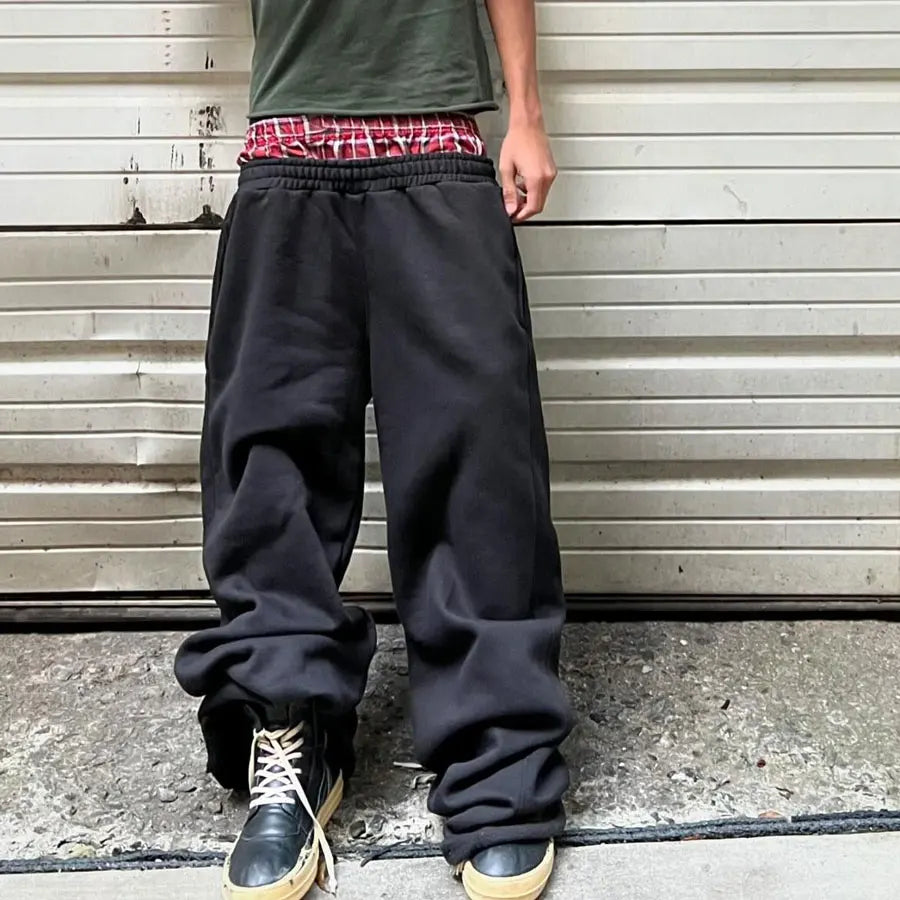 Huilin Oem Acid Vintage Washed 100% Cotton Sweatpants Striped Side Men Custom Zipper Bottom Wide Leg Double Waisted Sweatpants