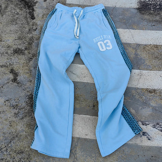 Embroidery Logo Patched French Terry Sweat Pants Custom Wide Leg Men Drawstring Waist Side Striped Rhinestone Sweatpants