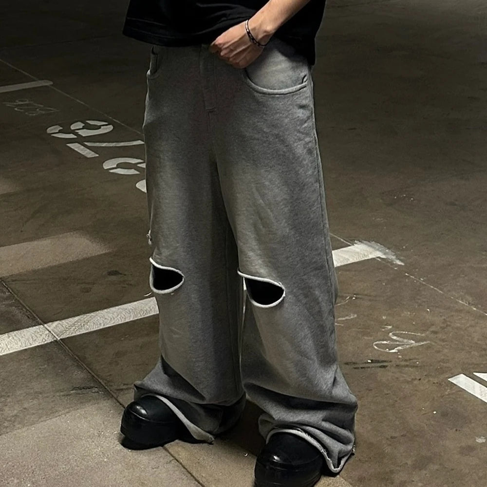 Huilin Oem Wholesale Distressed Washed Thick Cotton Track Pants Trousers Custom Baggy Wide Leg Men Vintage Sweatpants