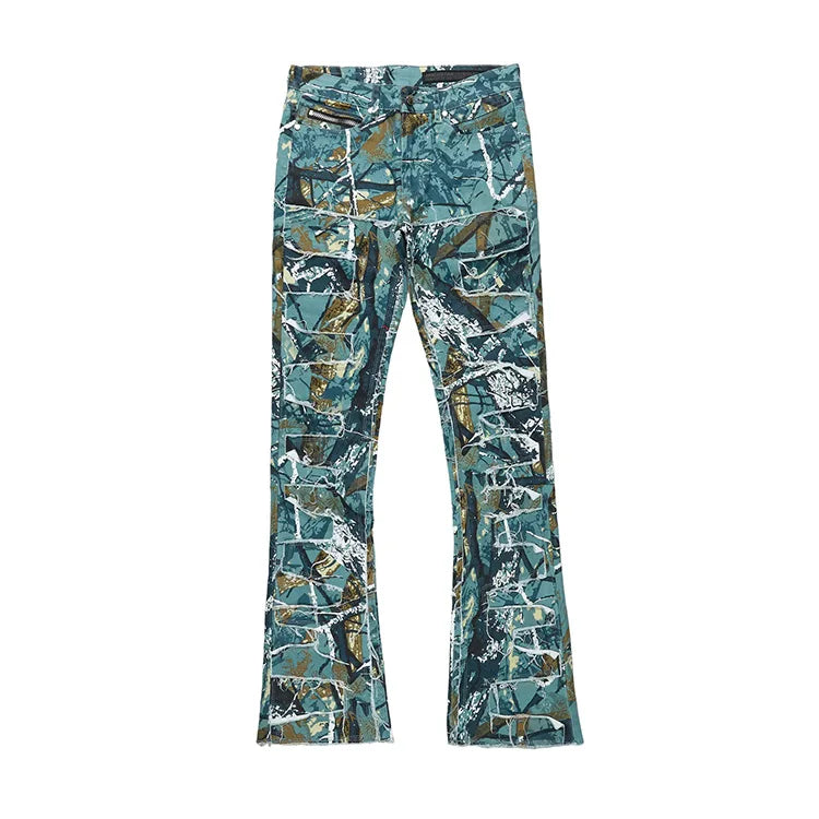 Manufacturer Multi-Patch Slim-fit Stacked Flared Pants Denim Custom Digital Printing Camouflage Jeans Men's Pants