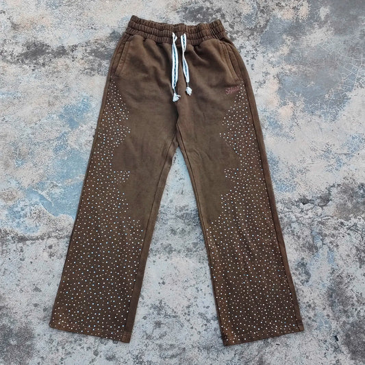 Vintage Acid Wash Heavyweight Cotton Sweatpants Men Custom Embroidery logo Straight Wide Leg Rhinestone Sweatpants
