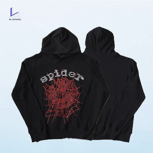 HUILI FACTORY streetwear hip hop letter spider web loose pullover men custom rhinestones hoodie