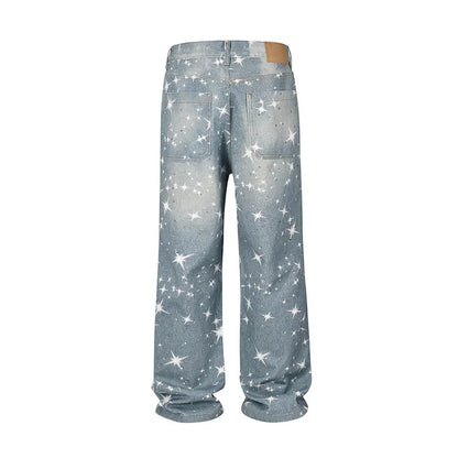 Wholesale Custom Streetwear Fashion Rhinestone Srar Jeans Men Rhinestone Embellished Star Print Jeans Pants