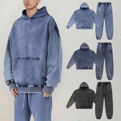 Heavyweight Cotton Supplier Low MOQ Vintage Acid Wash Blank Custom Logo Casual Hoodie And Jogger Set
