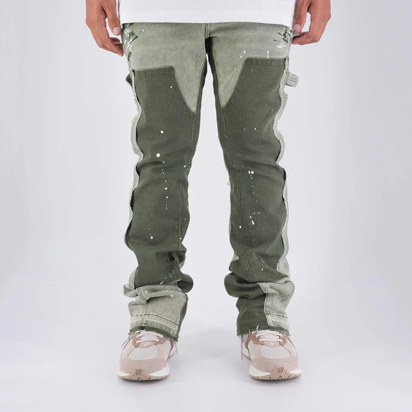 Men's Casual Denim Pants Custom Designer Style Carpenter Jeans Green Slim Fit Stack Flare Jeans Men