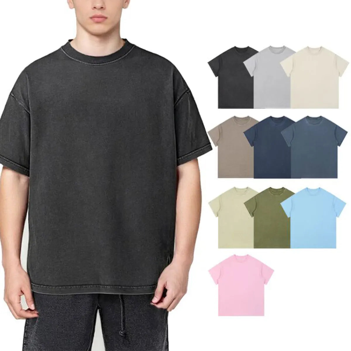 Heavyweight Cotton Supplier Low MOQ Vintage Washed Blank Custom Logo Casual Crewneck Tee